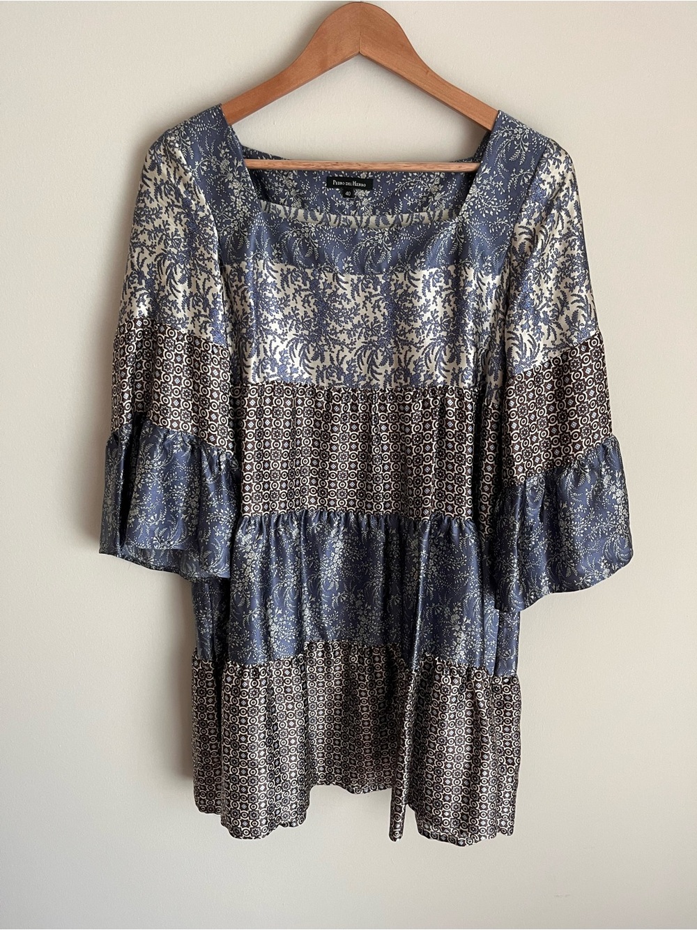 Pedro Del Hierro Women's Boho Tiered Dress Mixed Prints Size 40 100% Silk